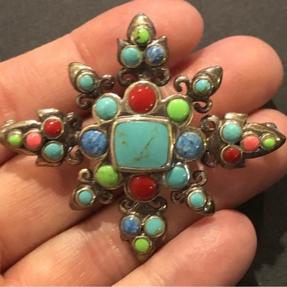 Sterling Silver Turquoise, Coral, Gaspeite Pin - Picture 1 of 4